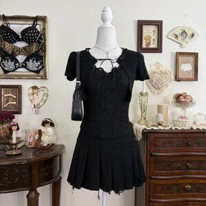 90's dainty romantic goth dark coquette black knit tie front bolero cardigan w r